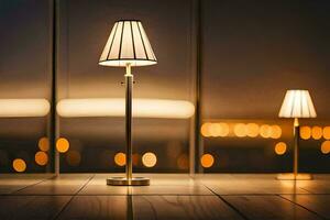 two lamps on a table in front of a window. AI-Generated photo