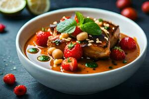chicken curry with mango and berries in a bowl. AI-Generated photo
