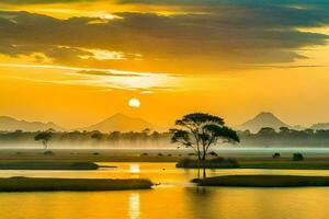 the sun rises over a lake and a tree. AI-Generated photo
