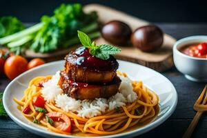 the pork belly is served with a tomato sauce and rice. AI-Generated photo