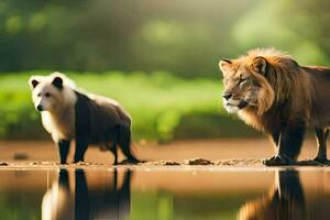 dos leones en pie siguiente a cada otro en el agua. generado por ai foto