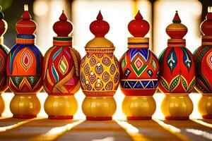 colorful wooden dolls in a row on a table. AI-Generated photo