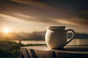 coffee mug on the balcony, the sun, mountains, nature, hd wallpaper. AI-Generated photo