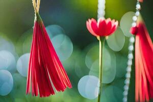 rojo flores colgando desde instrumentos de cuerda en el jardín. generado por ai foto