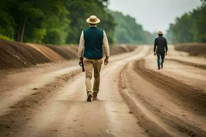 two men walking down a dirt road in the middle of the forest. AI-Generated photo