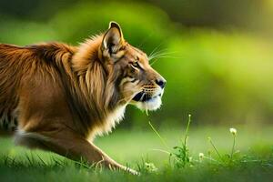 un león caminando mediante un campo de verde césped. generado por ai foto