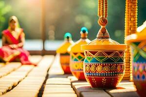 colorful pots and bowls sit on a wooden deck. AI-Generated photo