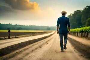 un hombre en un traje y sombrero camina abajo un suciedad la carretera. generado por ai foto