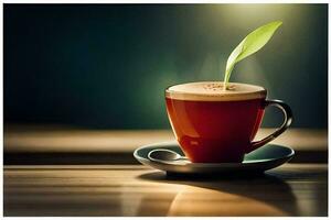 un taza de café con un verde hoja en cima. generado por ai foto