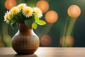 un florero con flores en un mesa en frente de un borroso antecedentes. generado por ai foto