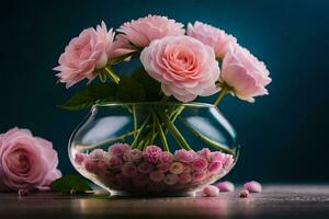 pink roses in a glass vase on a dark table. AI-Generated photo