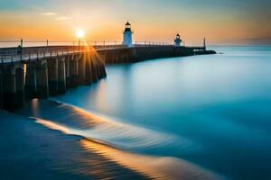 un largo exposición fotografía de un muelle a puesta de sol. generado por ai foto