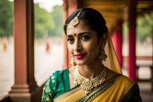 indio novia en amarillo sari y oro joyas. generado por ai foto