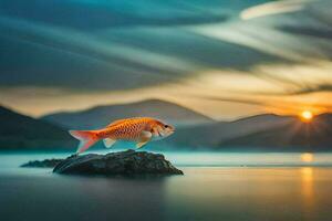 a fish is standing on a rock in the water at sunset. AI-Generated photo