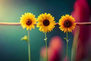 three sunflowers are standing on a wire. AI-Generated photo