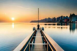 un muelle en el medio de un cuerpo de agua a puesta de sol. generado por ai foto