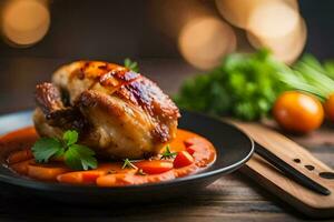 a chicken breast with carrots and parsley on a plate. AI-Generated photo