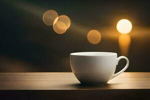 a coffee cup sits on a table in front of a bokeh background. AI-Generated photo