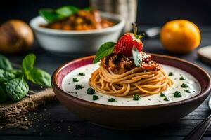 espaguetis con albóndigas y tomate salsa en un bol. generado por ai foto