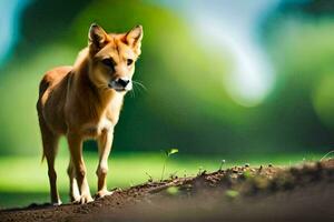 a dog standing on a dirt road in the middle of a field. AI-Generated photo