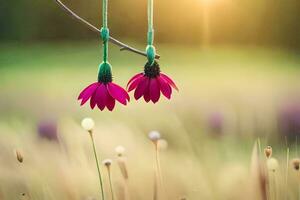 two pink flowers hanging from a branch in a field. AI-Generated photo