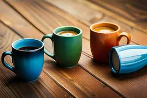 three colorful coffee cups on a wooden table. AI-Generated photo