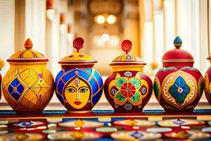 colorful vases with painted faces on them. AI-Generated photo