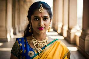 a woman wearing a traditional sari and jewelry. AI-Generated photo