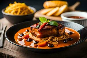 a plate of spaghetti with meat and sauce. AI-Generated photo