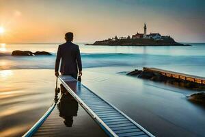 a man in a suit stands on a dock looking out to sea. AI-Generated photo