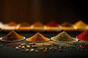 various spices and spices on a black background. AI-Generated photo