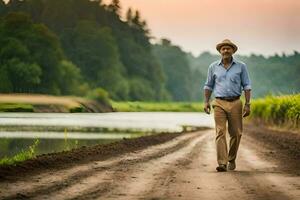 a man walking down a dirt road near a river. AI-Generated photo