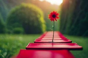 a single red flower sits on a bench in the middle of a field. AI-Generated photo