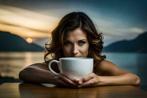 a woman is holding a cup of coffee in front of the sunset. AI-Generated photo