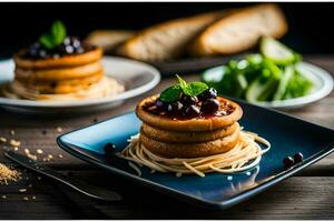 a plate of pasta with sauce and bread. AI-Generated photo