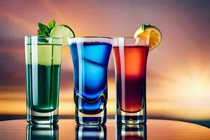 three colorful cocktails on a table. AI-Generated photo