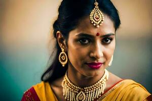 a beautiful indian woman wearing traditional jewelry. AI-Generated photo