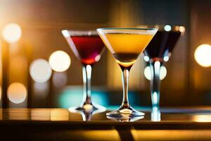 three different types of alcoholic drinks on a bar. AI-Generated photo