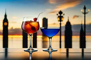 two glasses of cocktails on a table with a city skyline in the background. AI-Generated photo