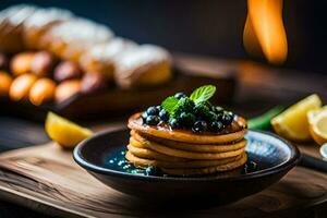 pancakes with blueberries and lemon on a wooden table. AI-Generated photo