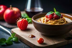 spaghetti with strawberries and mint leaves in a bowl. AI-Generated photo