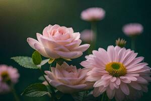 pink flowers are in a vase with a green background. AI-Generated photo