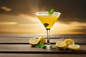 a cocktail with lemon and mint on a wooden table. AI-Generated photo