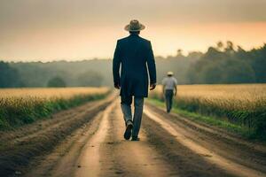 un hombre en un sombrero camina abajo un suciedad la carretera. generado por ai foto