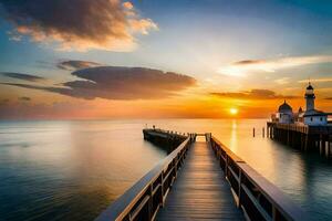 el muelle a puesta de sol. generado por ai foto