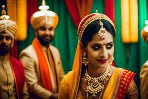 a bride in traditional indian attire is smiling for the camera. AI-Generated photo