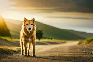 un perro es en pie en un suciedad la carretera a puesta de sol. generado por ai foto