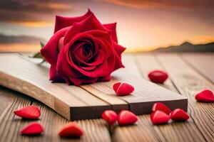 el Rosa es en un de madera mesa con rojo corazones dispersado alrededor él. generado por ai foto