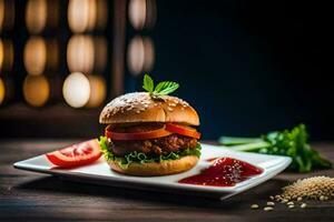 a hamburger with tomato, lettuce and ketchup on a white plate. AI-Generated photo