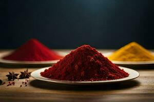 three different colored powders on a plate. AI-Generated photo